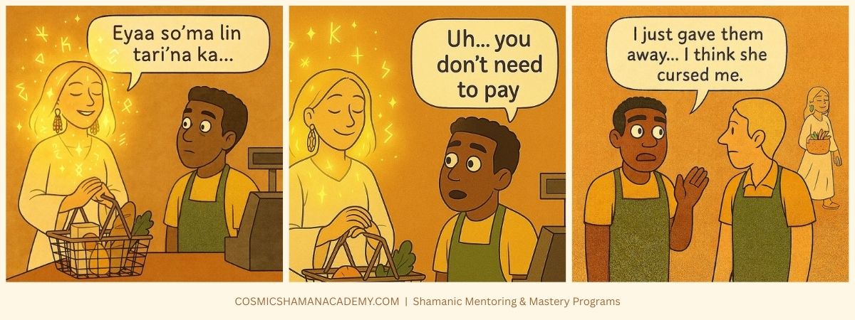 Comic strip about benefits of light language – woman speaking light language at grocery store